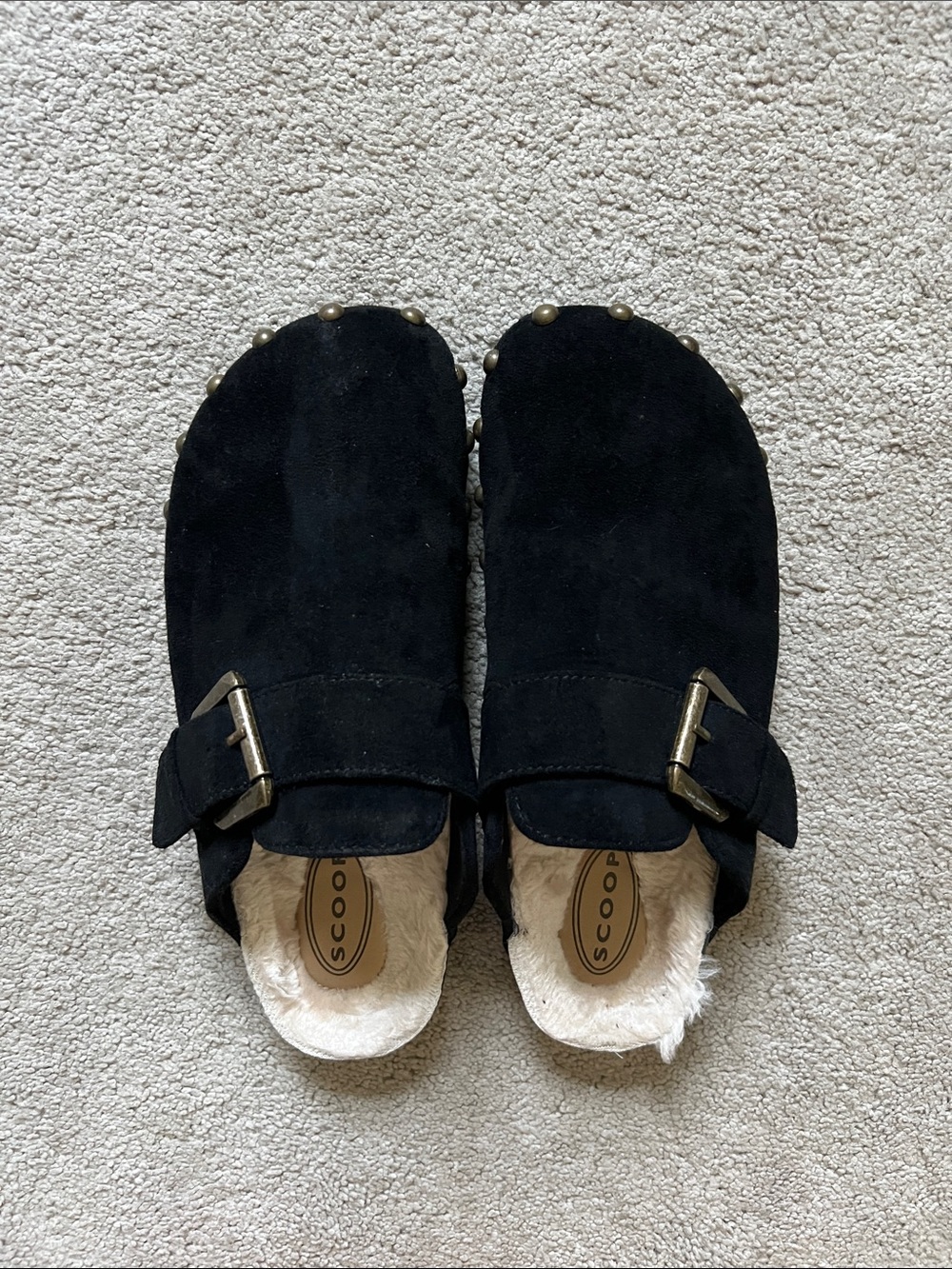 Scoop Walmart Black Faux Suede lined studded buckle clogs